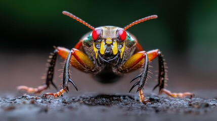 Fototapeta premium An intense macro shot of a vividly colored insect showcasing its striking features, colors, and textures, capturing the beauty and intricacy of nature in amazing detail.