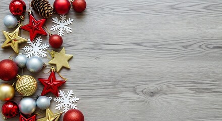 Festive Christmas Ornaments Arranged on Wood Grain Background
