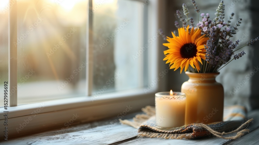 Poster a bright and inviting scene featuring flowers in a vase and a lit candle on a windowsill, creating a