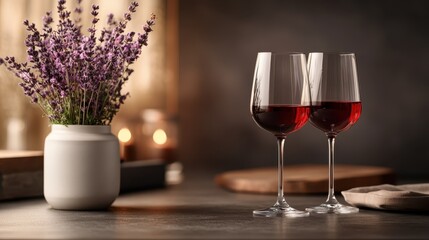 This sophisticated still life features two elegant wine glasses filled with rich red wine, complemented by aromatic lavender, creating a serene and inviting atmosphere.