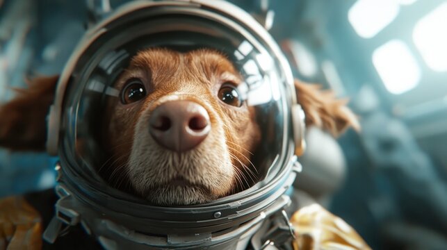 This adorable dog wearing a space helmet captures the playful spirit of exploration and adventure, looking curiously out into the vastness of space.