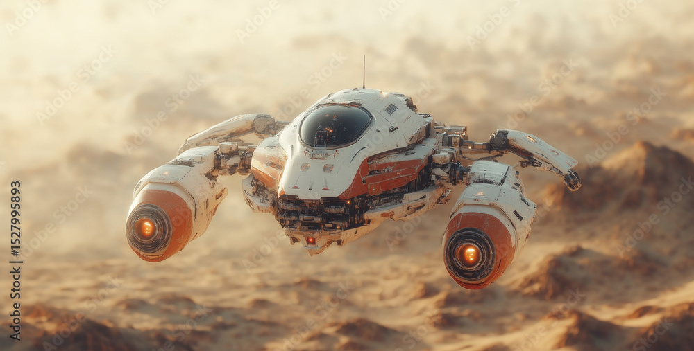 Poster a sophisticated robot exploration vehicle hovers above the dusty surface of an alien planet.