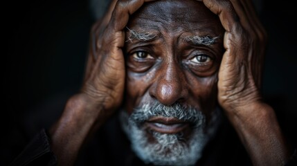 An elderly man holds his head in his hands, conveying feelings of worry and contemplation, with striking features and profound emotion in a dimly lit environment.