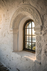 Ornate Window in a Whitewashed Stone Building