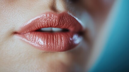 Obraz premium Close-up of sleek, glossy lips capturing the essence of beauty and glamour, evoking feelings of confidence, seduction, and allure within modern makeup aesthetics.