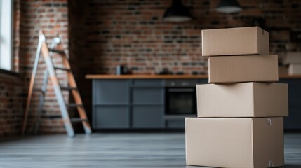 Stacked moving boxes in a rustic kitchen setting symbolize transitions, new beginnings, and the feeling of home with cozy aesthetics blending vintage and modern design elements.