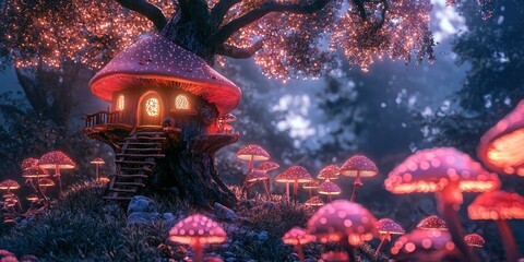 Fototapeta premium Treehouse glowing in a field of pastel mushrooms