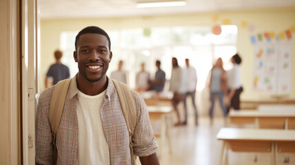 Naklejka premium Young african american man entering classroom with students in background