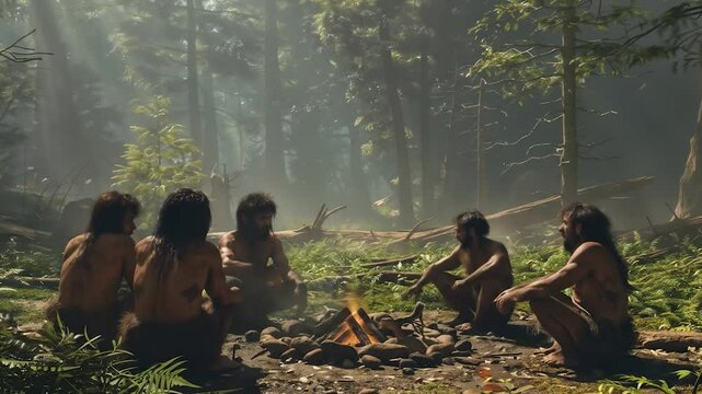 Primitive humans gathering around campfire in ancient forest setting depicting early civilization, tribal community life and prehistoric survival