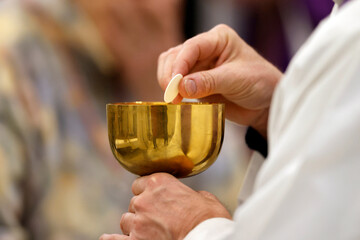 Catholic church. Sunday mass. Priest giving Holy Communion. Saint Pierre et Paul church.  Saint Julien en Genevois. France.
