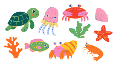  Playful illustrations feature a crab, turtle, hermit crab, colorful fish, starfish, and shrimp in a bright and cheerful underwater environment, celebrating marine biodiversity