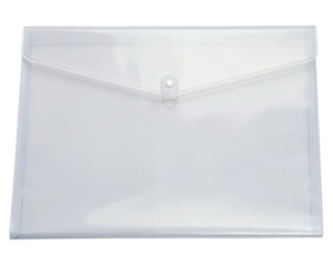 Clear plastic folder designed for organizing documents securely on a transparent background