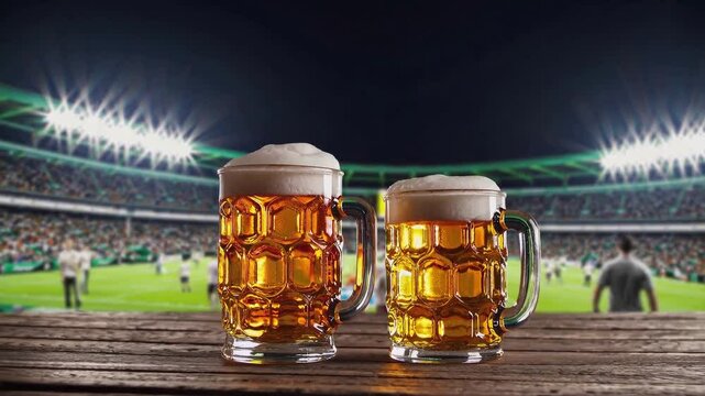 Beer mugs on table in vibrant soccer stadium, night football game atmosphere. Fans, arena, party, entertainment
