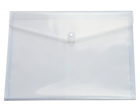 Clear plastic folder designed for organizing documents securely on a transparent background