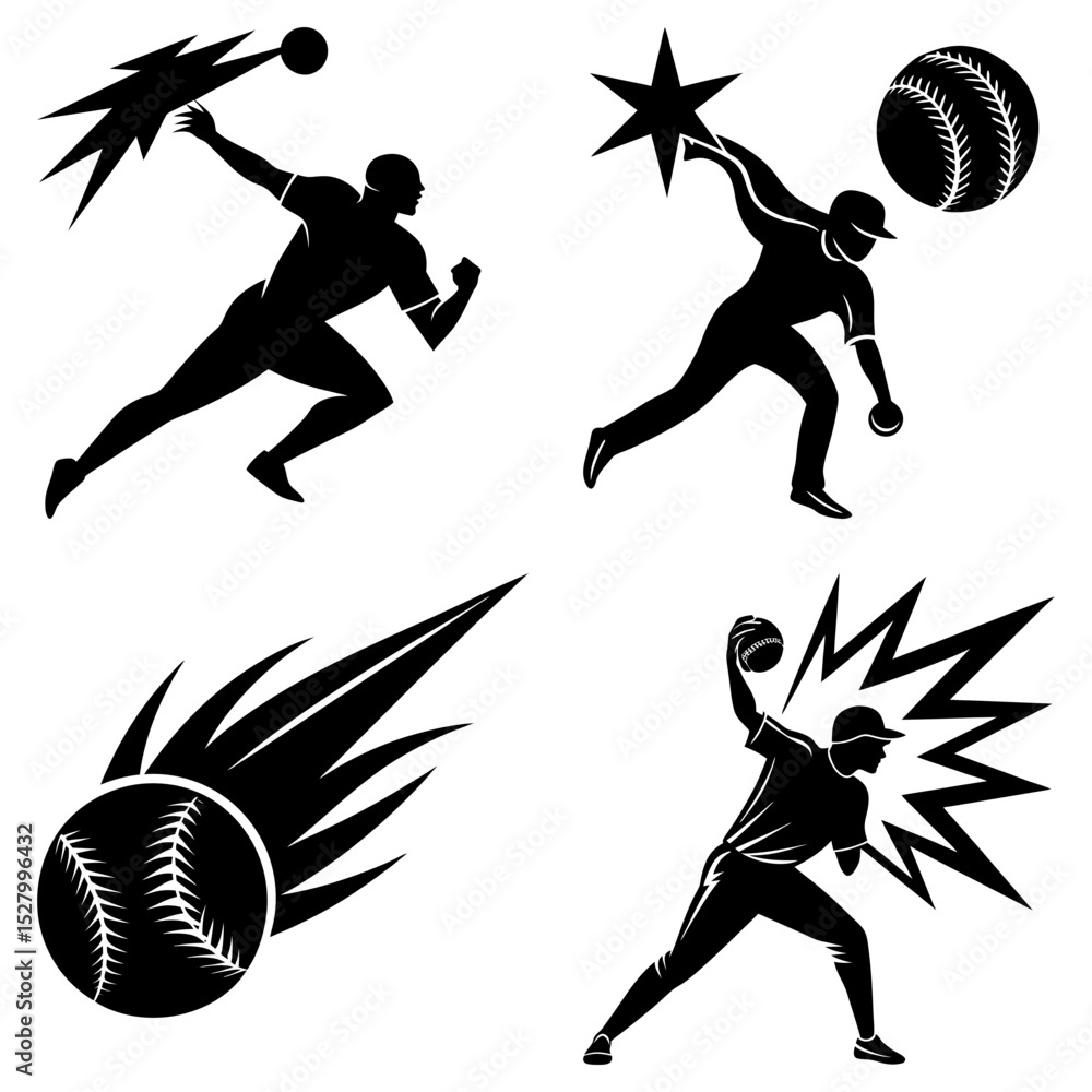 Poster four baseball player silhouettes in action poses throwing baseballs with dynamic graphic elements ar