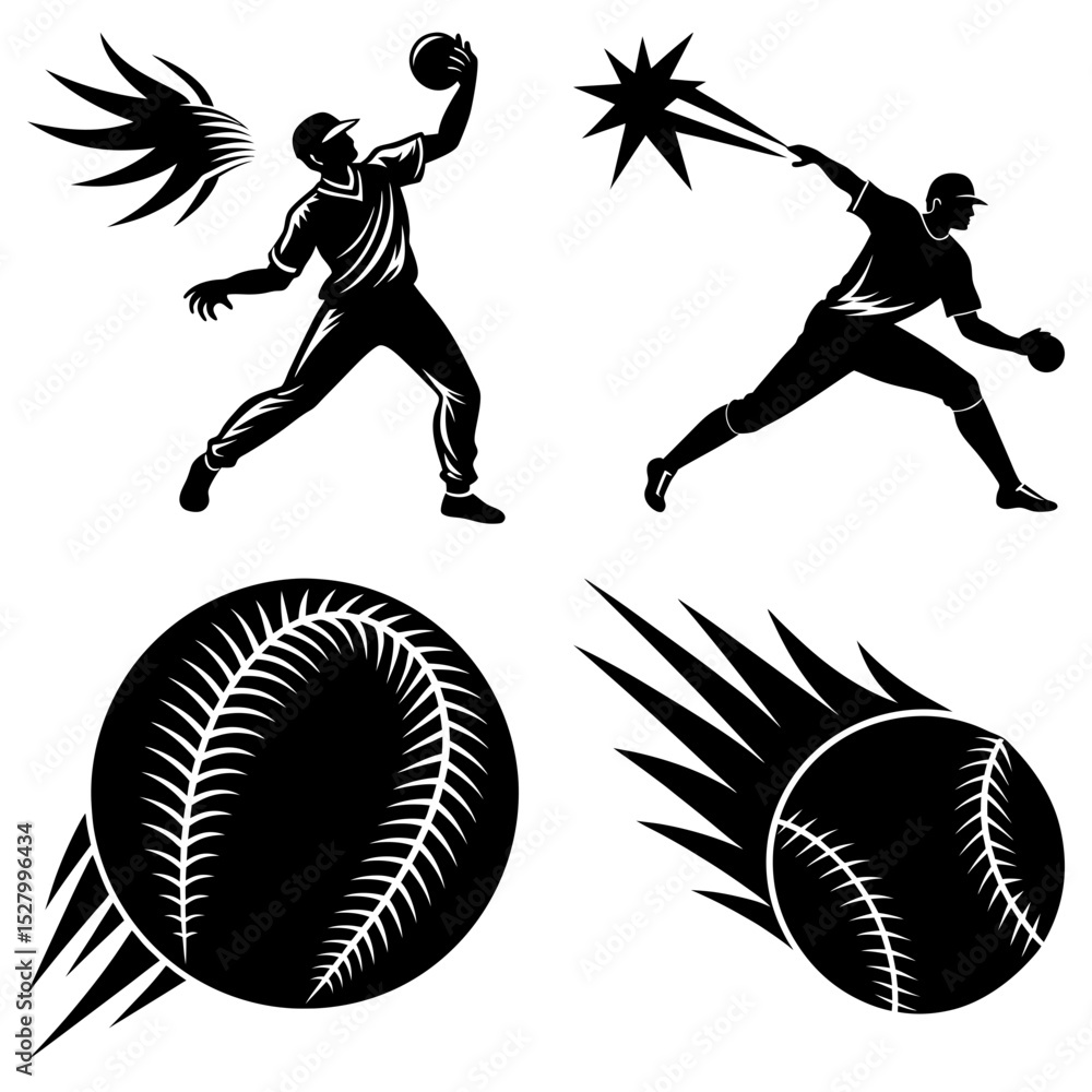 Poster Baseball players in action poses with baseballs and dynamic motion lines in black and white design