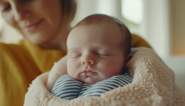 Newborn baby sleeping in mothers arms, both wrapped in blankets