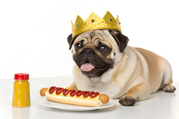 Pug Dog with Crown and Hotdog Meal