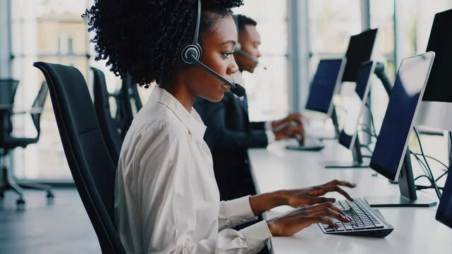 Customer service team working in modern office with headsets and computer. Call center, workspace, teamwork - Powered by Adobe