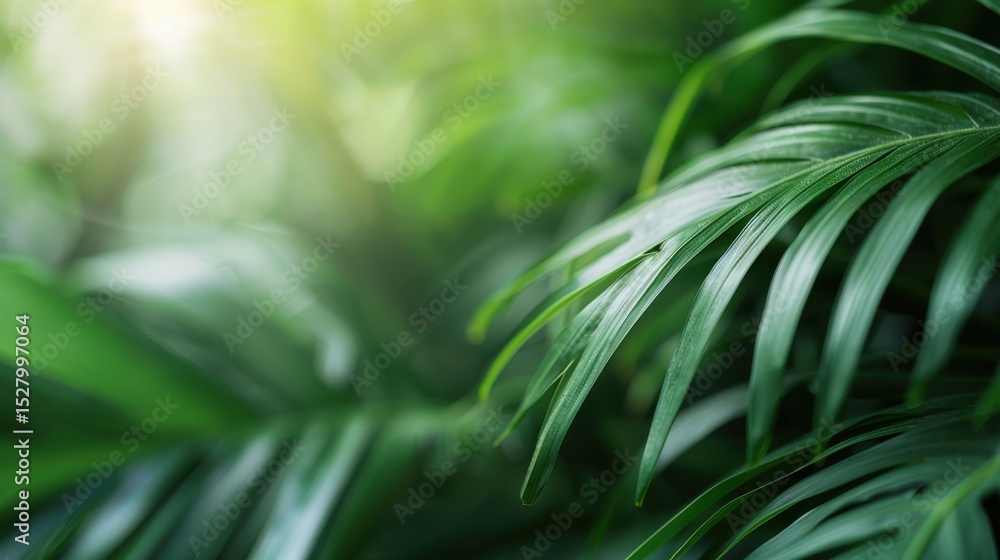 Poster a serene image of lush green leaves gently illuminated by soft sunlight, creating a tranquil atmosph