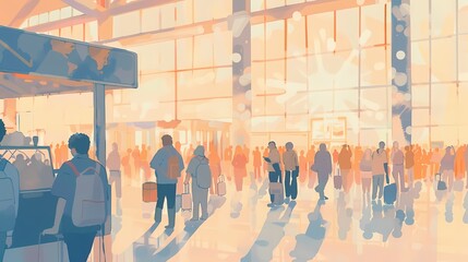 Obraz premium Illustration of a bustling airport terminal, depicting passengers waiting, walking, and interacting. Conveys themes of travel, journey, and global connectivity.