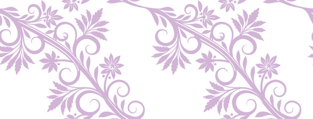 Elegant seamless floral pattern with soft purple ornamental vines and leaves, ideal for fabric, wallpaper, wedding design, invitations, and luxury decorative projects in vintage style.