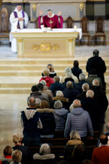 Mass in a roman catholic church. Church full of parishioners. Saint Jean Baptiste church.   Megeve.France.