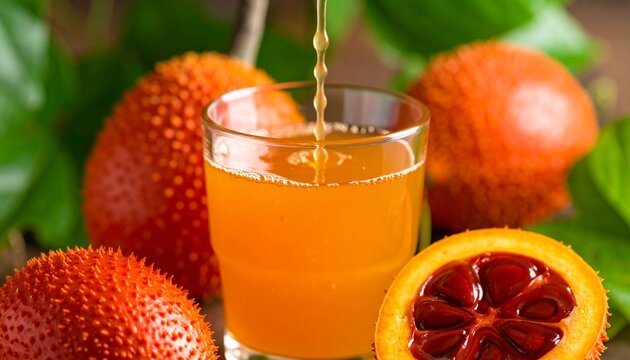 gac fruit juice dripping into crystal glass