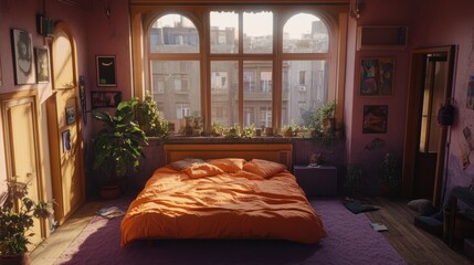Sunny bedroom with city view, warm interior, rest and relaxation