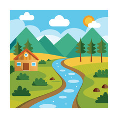 Fototapeta premium Cartoon Mountain Landscape with River, Trees, and Cozy Cottage