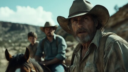 Fototapeta premium A group of rugged cattlemen on horseback in a dramatic outdoor setting, embodying the spirit of the Wild West, with a focus on adventure and resilience in life.