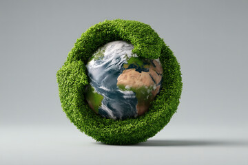Earth globe embraced by vibrant green foliage, symbolizing environmental care and nature's embrace.