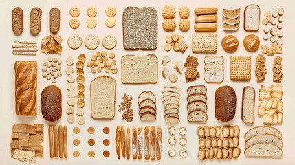 An assortment of diet breads including seed loaf on beige background