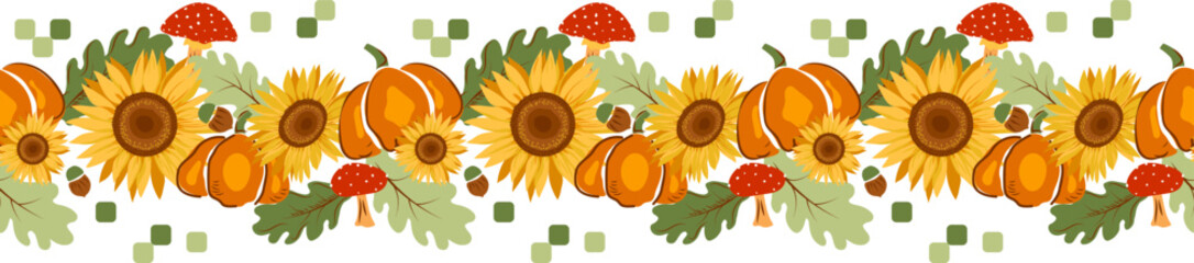 Autumn floral seamless border pattern with, sunflowers, leaves, pumpkins, acorns, and mushrooms. Harvest festival, Halloween or Happy Thanksgiving concept design. Seasonal horizontal illustration