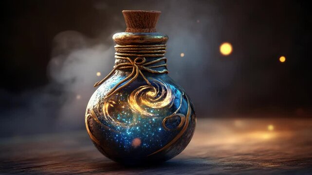 Enchanting Potion Bottle: Mystical Elixir with Galaxy Sparkles and Fantasy Vibe close-up