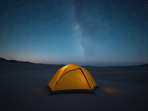 Glowing yellow tent under starry night sky in serene desert landscape, evoking sense of adventure and tranquility