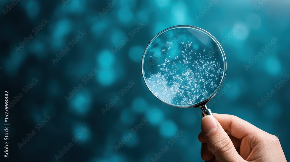 Aufkleber a close-up of a hand holding a magnifying glass which highlights floating bubbles against a soft blu
