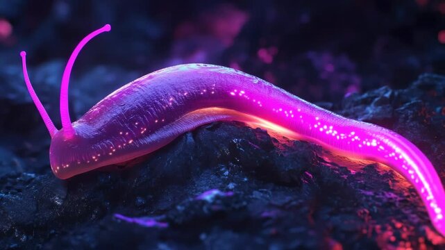Glow Worm: Captivating Macro Shot of a Bioluminescent Slug on Dark Rocky Surface