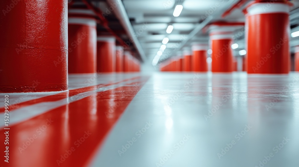 Aufkleber an artistic view of an empty modern parking garage featuring vivid red pillars and bright lighting, 