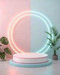 Colorful Neon Circle Display Mockup with Tropical Plants, Pastel Podium Stage for Product Showcase, Branding Design Presentation Scene