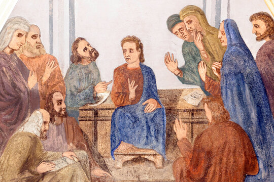 Saint Jean Baptiste church.    Jesus speaks to  the teachers of the law. Mural painting by F Mucengo. Megeve.France.