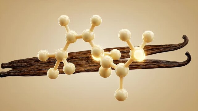Vanilla Bean with Molecule Structure in Beige Background Detailed Depiction Aroma Flavor Sweet Organic Ingredient for Adobe Stock