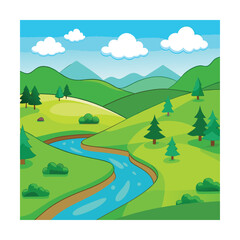Fototapeta premium Cartoon River Through Rolling Green Hills