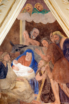 Saint Jean Baptiste church.   Nativity of Jesus or birth of Christ.  The Adoration of the Shepherds. Mural painting by F Mucengo. Megeve.France.