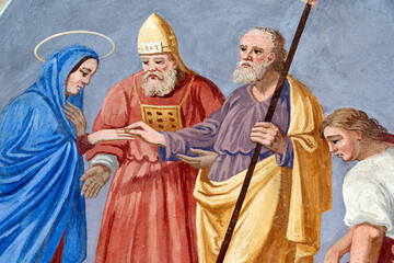 Saint Jean Baptiste church.   The Marriage of the Virgin with Joseph. Mural painting by F Mucengo. Megeve.France.