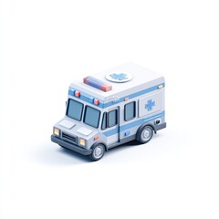 3D model of a stylized ambulance.  A low-poly, light gray and blue van,  with emergency lights and a cross