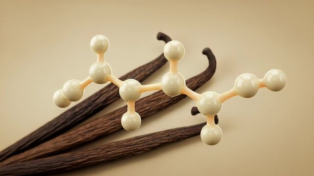 Vanilla Beans with Molecule Model Creamy Beige Background Flavor and Aroma for Cooking Dessert Ingredient Extract and Organic Brown Spice