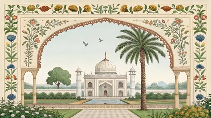 traditional mughal garden at night with temple