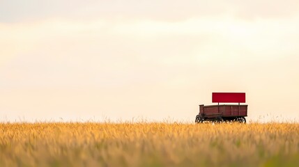 A lone red wagon sits in a vast golden wheat field under a soft, cloudy sky.  Evokes themes of agriculture, harvest, rural life, and simplicity.