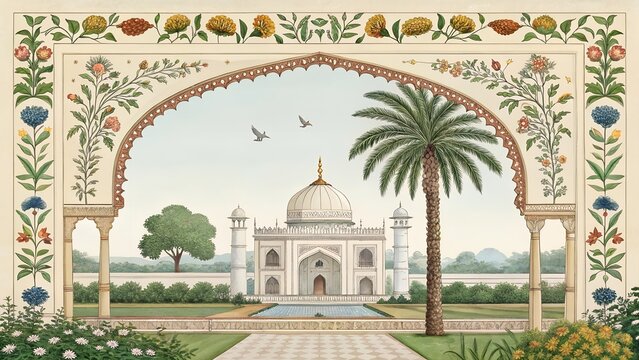 traditional mughal garden at night with temple